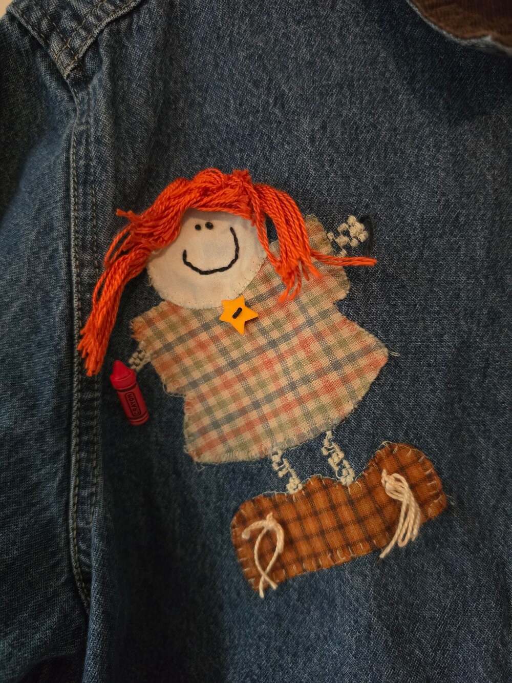 Cabin Creek Denim Jacket Medium Teacher School Applique Scarecrow Fall Patchwork - Picture 9 of 10